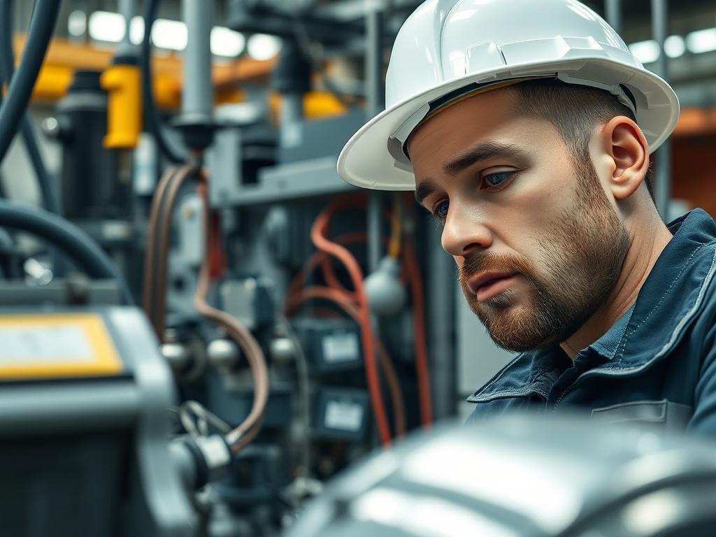 A close-up shot of an electrical engineer inspecting machinery in a manufacturing facility, focused on the engineer's concentrated expression and the intricate machinery. The background shows factory equipment and wiring, shot with a 45mm f/1.2 lens.