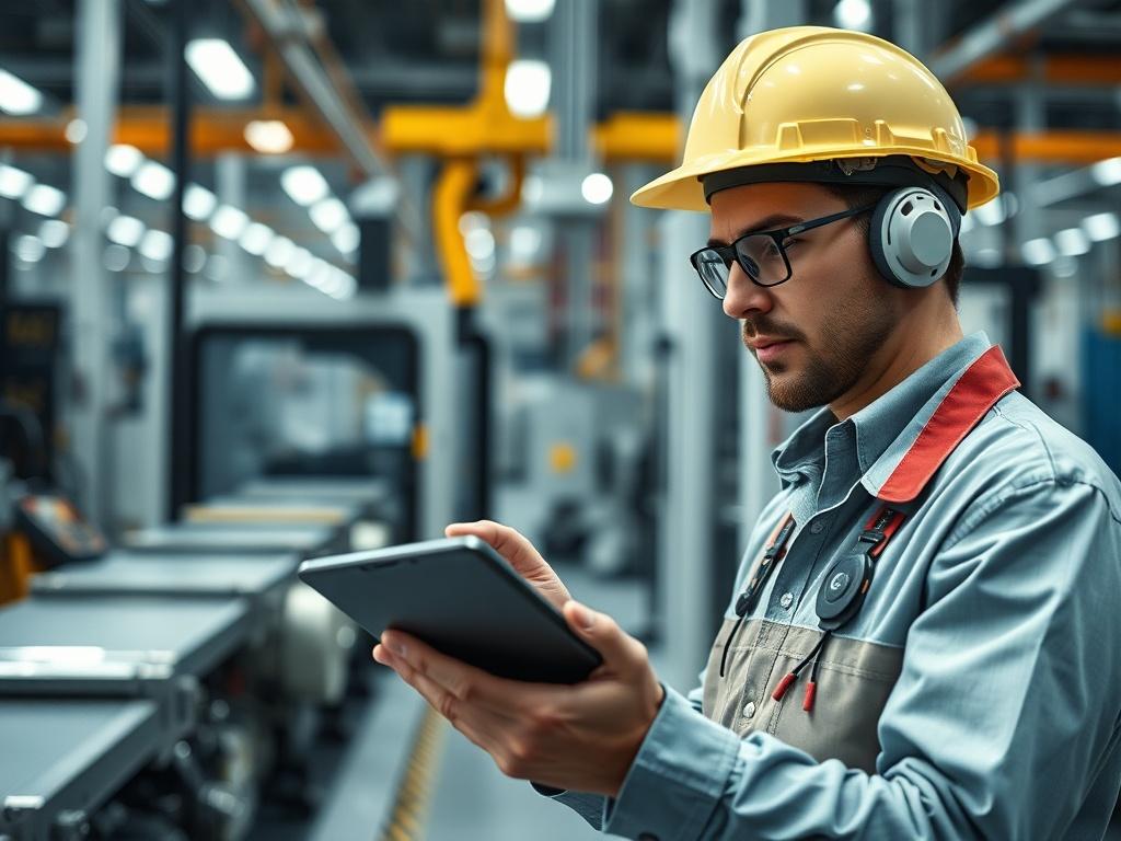 A close-up shot of an industrial engineer analyzing production data on a tablet in a manufacturing facility. The engineer is engaged and focused, with machinery operating in the background. The environment is clean and organized, showcasing a modern industrial setting.