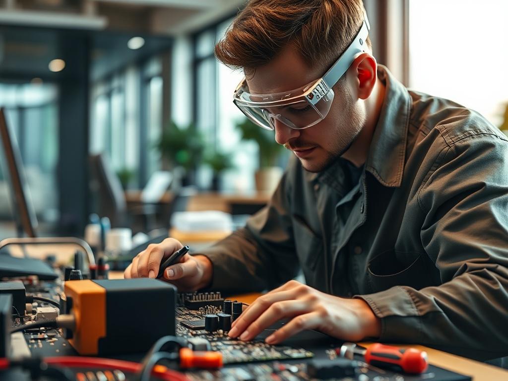 A close-up shot of an electrical engineer working on a complex circuit board in a modern office setting. The engineer is focused and wearing safety goggles, with various tools and components spread out on the table. The background is slightly blurred to emphasize the engineer and the task at hand, using a warm color palette with green accents.
