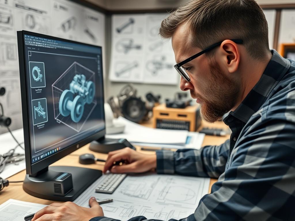 A close-up shot of a mechanical engineer reviewing blueprints and using a 3D model on a computer screen. The engineer is deep in thought, surrounded by mechanical parts and tools. The workspace is well-organized, and the background highlights engineering drawings and prototypes.