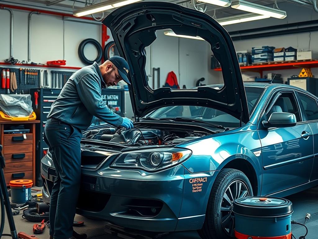 A realistic image showing a mechanic repairing a car in