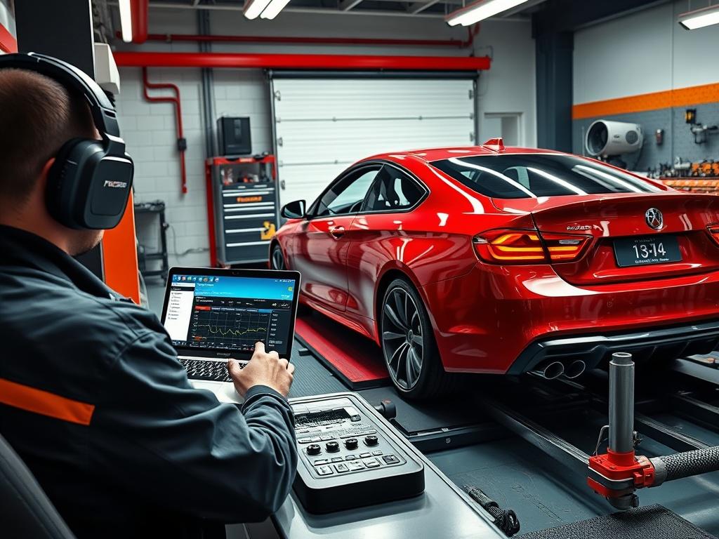 An image capturing a car on a dynamometer, with a