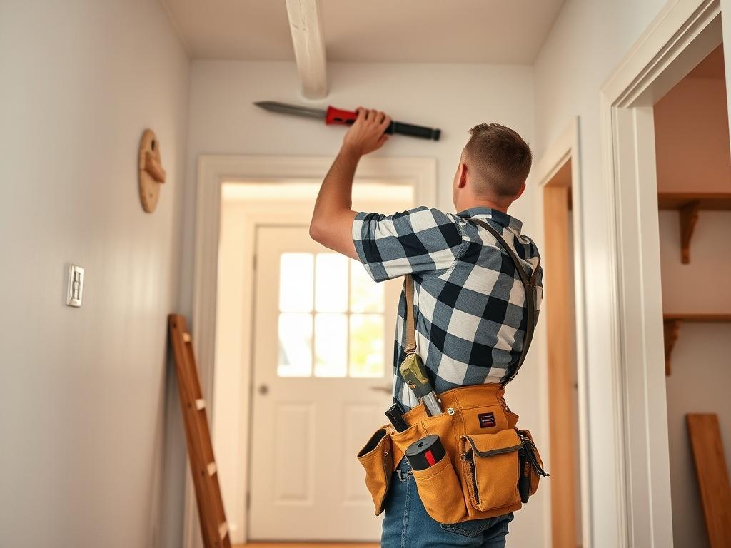 A skilled craftsman repairing a home interior, focusing on fixing drywall and painting walls. The craftsman is wearing a tool belt and using professional tools, with a clean and organized workspace. The background shows a well-lit room with fresh paint, emphasizing a welcoming atmosphere. The image should have bold, vibrant colors and minimalistic design, with clean lines, showcasing the essence of home reparations.