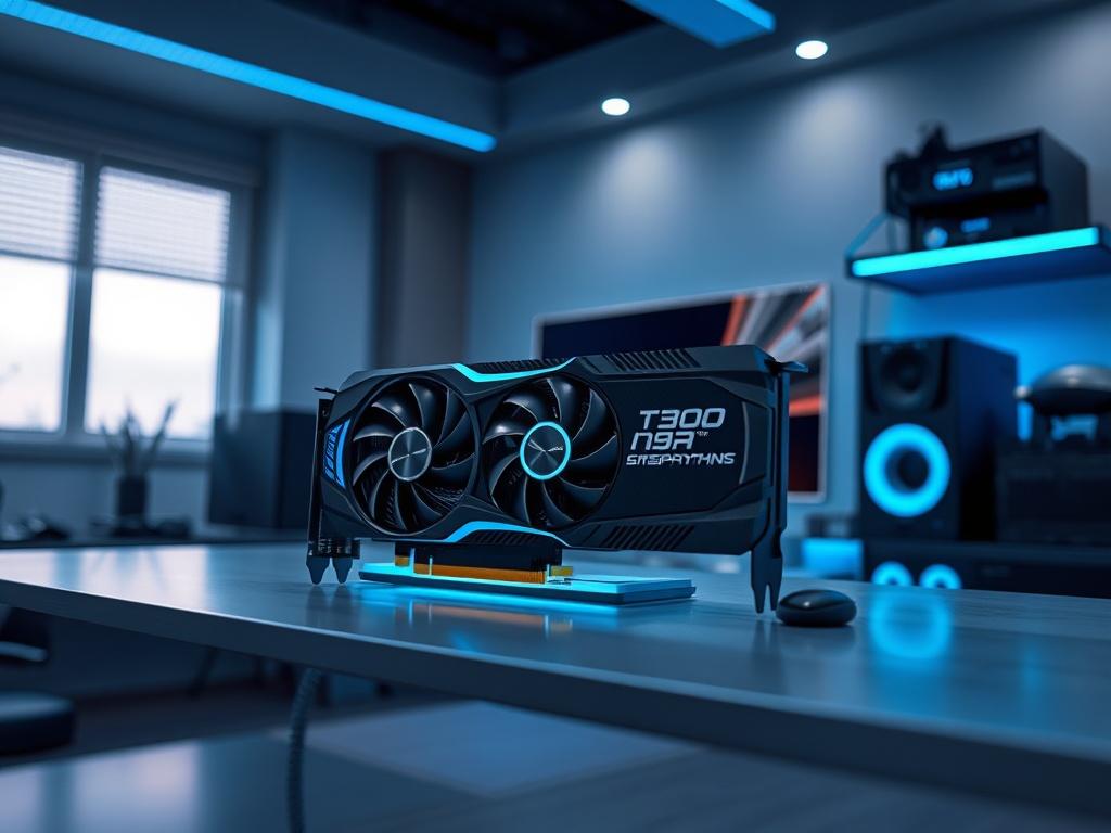 A high performance graphics card displayed prominently on a sleek,