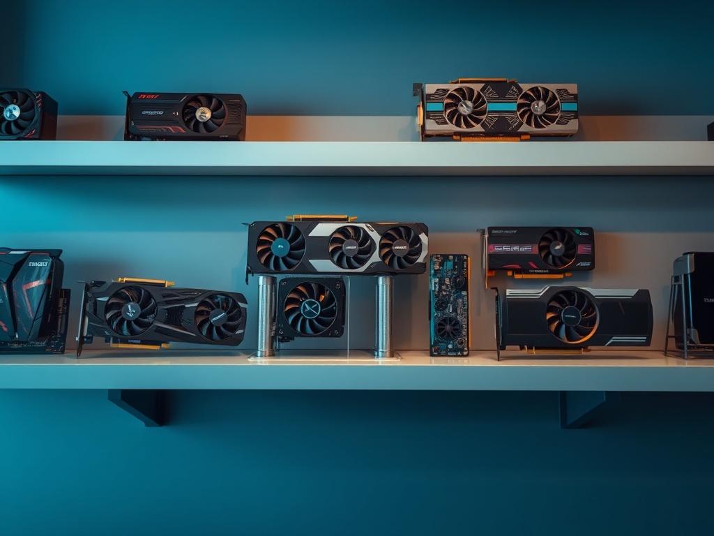 A selection of secondhand graphics cards arranged neatly on a