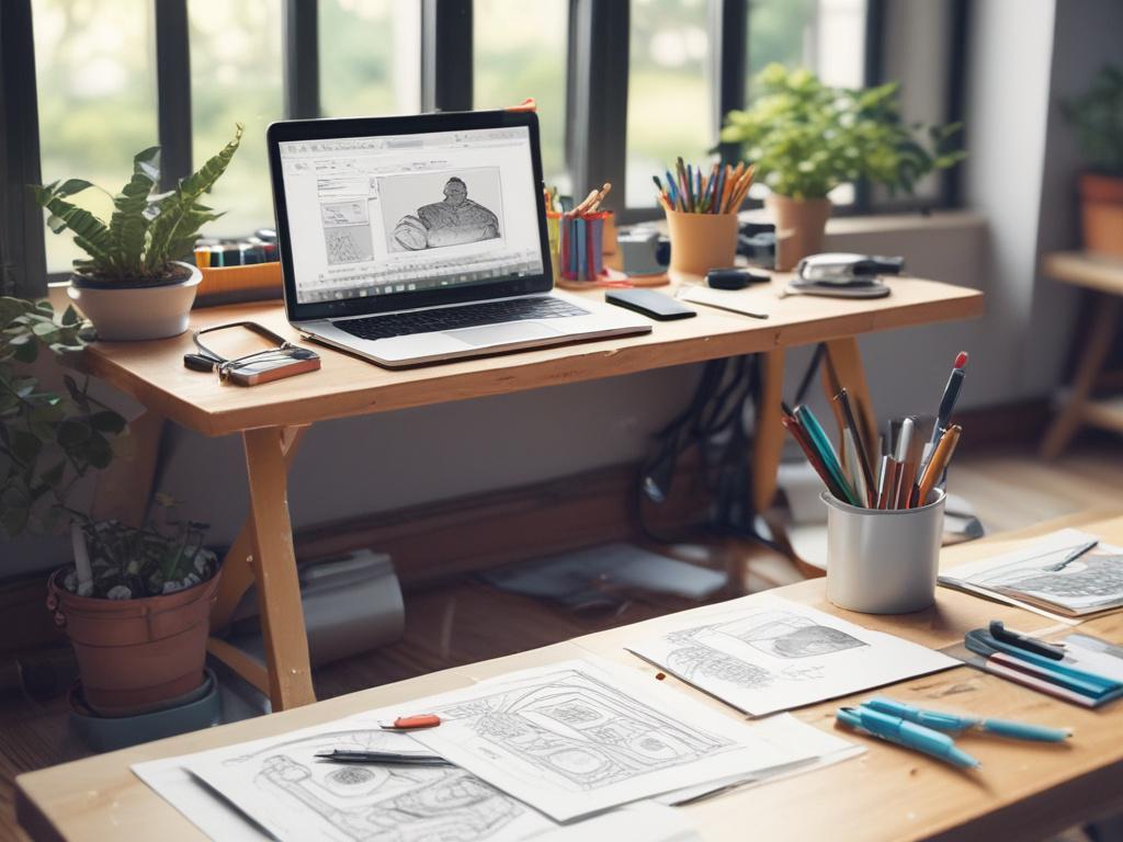 A hyper realistic of a graphic designer's workspace showcasing various