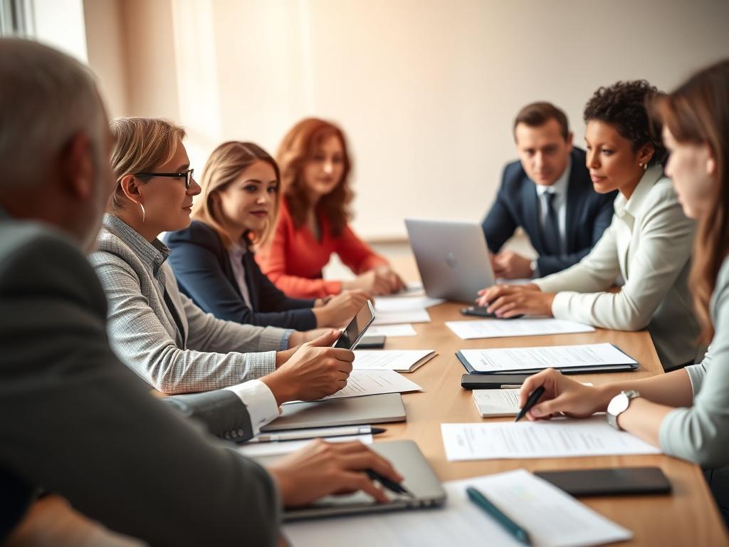 A close-up shot of a diverse group of professionals engaged in a board meeting, focusing on a table filled with documents and laptops. The background is softly blurred, emphasizing the discussion and collaboration among board members. Shot with a 45mm f/1.2 lens in hyper-realistic style.