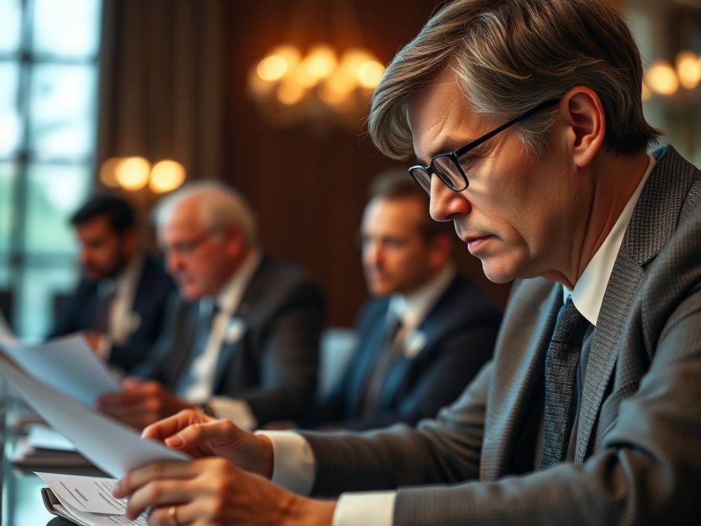 A close-up image of a nonprofit board member reviewing governance documents, with a focused expression. The setting is a well-lit boardroom with a sophisticated ambiance. The image captures the seriousness of governance discussions, shot with a 45mm f/1.2 lens.