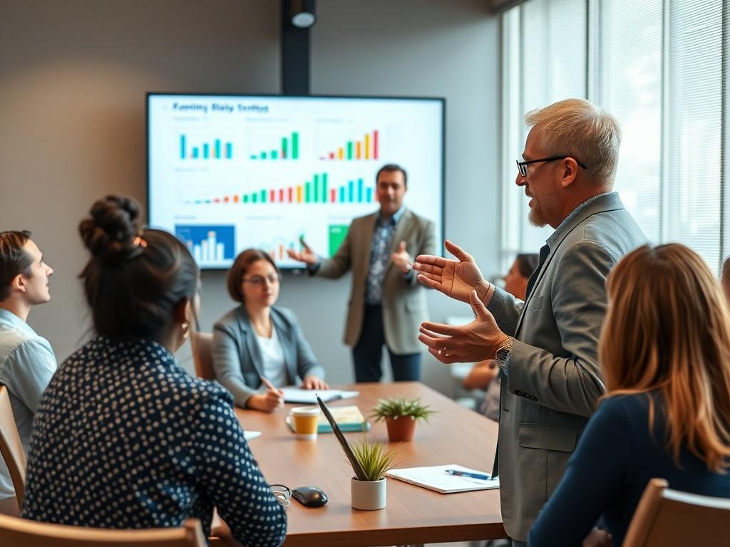 A high-resolution image of a nonprofit leader presenting a funding strategy to a small group of engaged stakeholders in a modern conference room. The focus is on the leader's expressive gestures, with charts and graphs displayed on a screen in the background. Captured with a 45mm f/1.2 lens.
