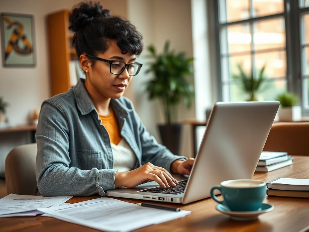 A focused shot of a nonprofit leader reviewing grant opportunities on a laptop, surrounded by paperwork and coffee, with a warm, inviting office background, captured in high-resolution.