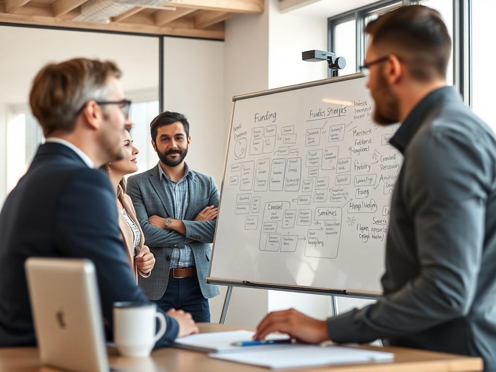 A professional consultant discussing funding strategies with a nonprofit team in a bright, modern meeting room, focusing on a whiteboard filled with ideas, captured in high-resolution.