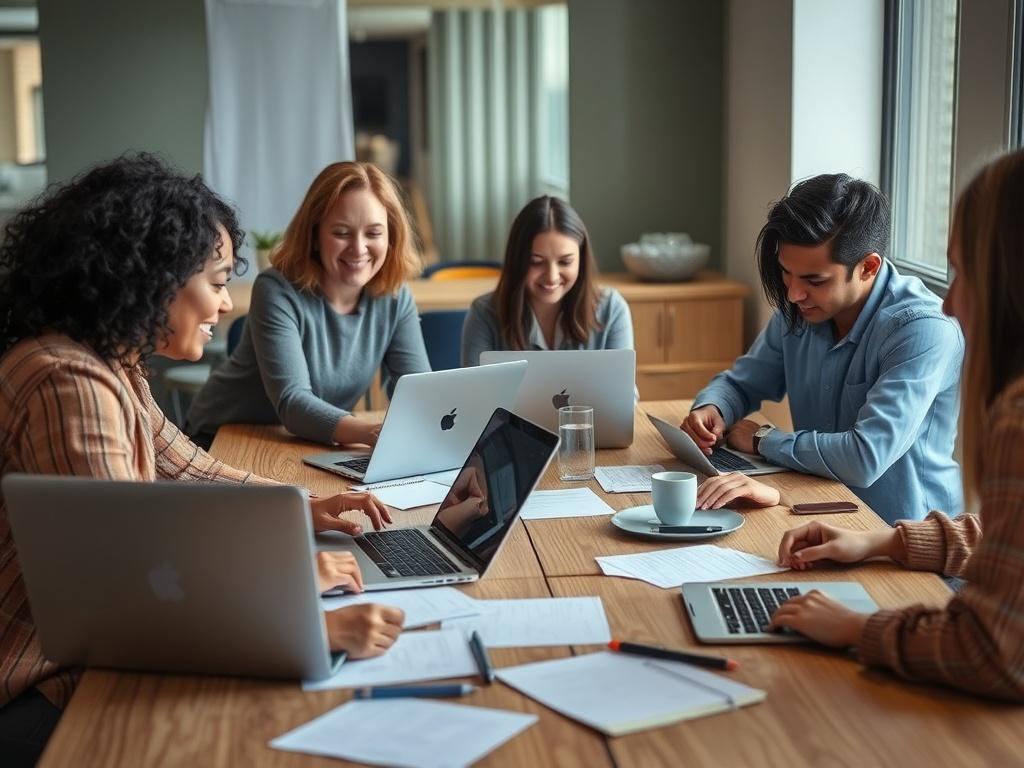 An engaged nonprofit team collaborating on a grant application at a conference table, with laptops open and notes scattered around, captured in high-resolution.