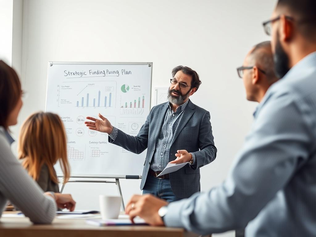 A focused image of a nonprofit leader presenting a strategic funding plan on a whiteboard to a small group. The leader is animated and engaging, with charts and diagrams visible in the background. The group is attentive, reflecting a collaborative atmosphere. The setting is bright and professional, emphasizing teamwork and strategic thinking.