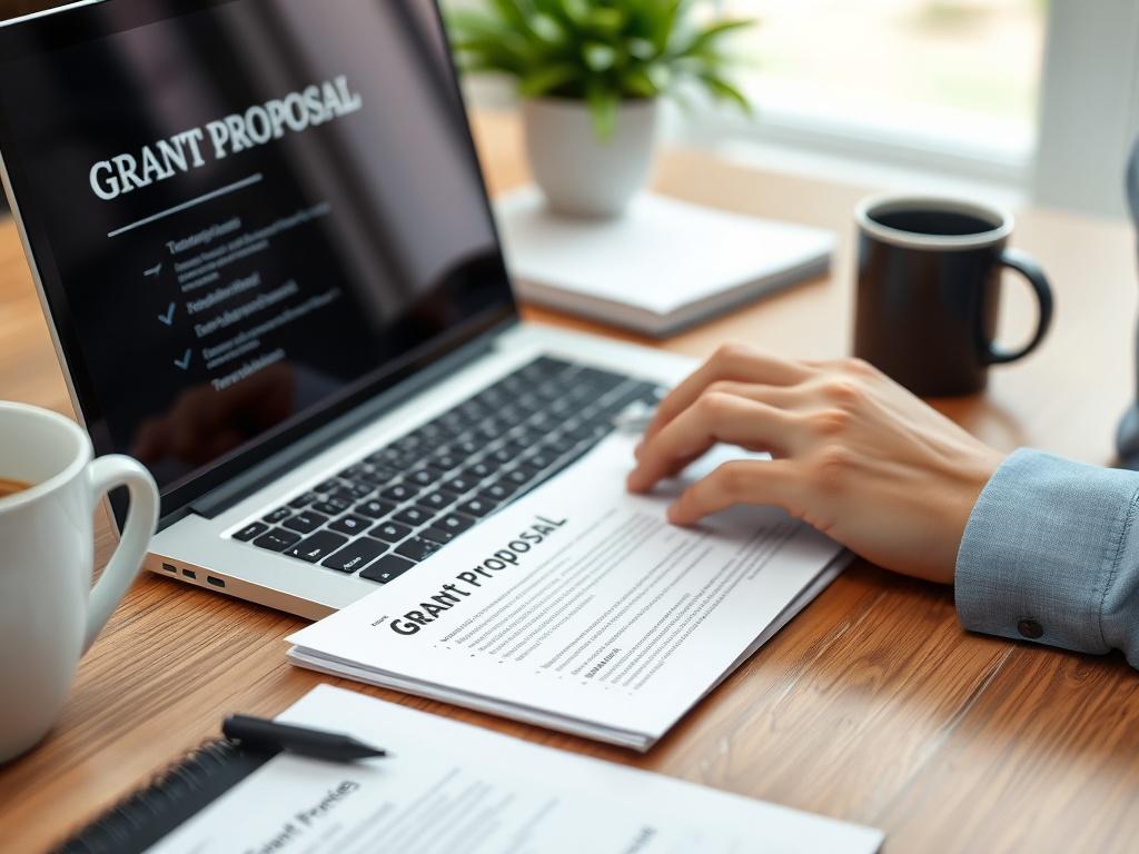 A close-up of hands typing on a laptop while reviewing a grant proposal document, with a notepad and a coffee cup beside it. The background features a well-organized workspace, symbolizing professionalism and focus, captured in a high-resolution, hyper-realistic style.