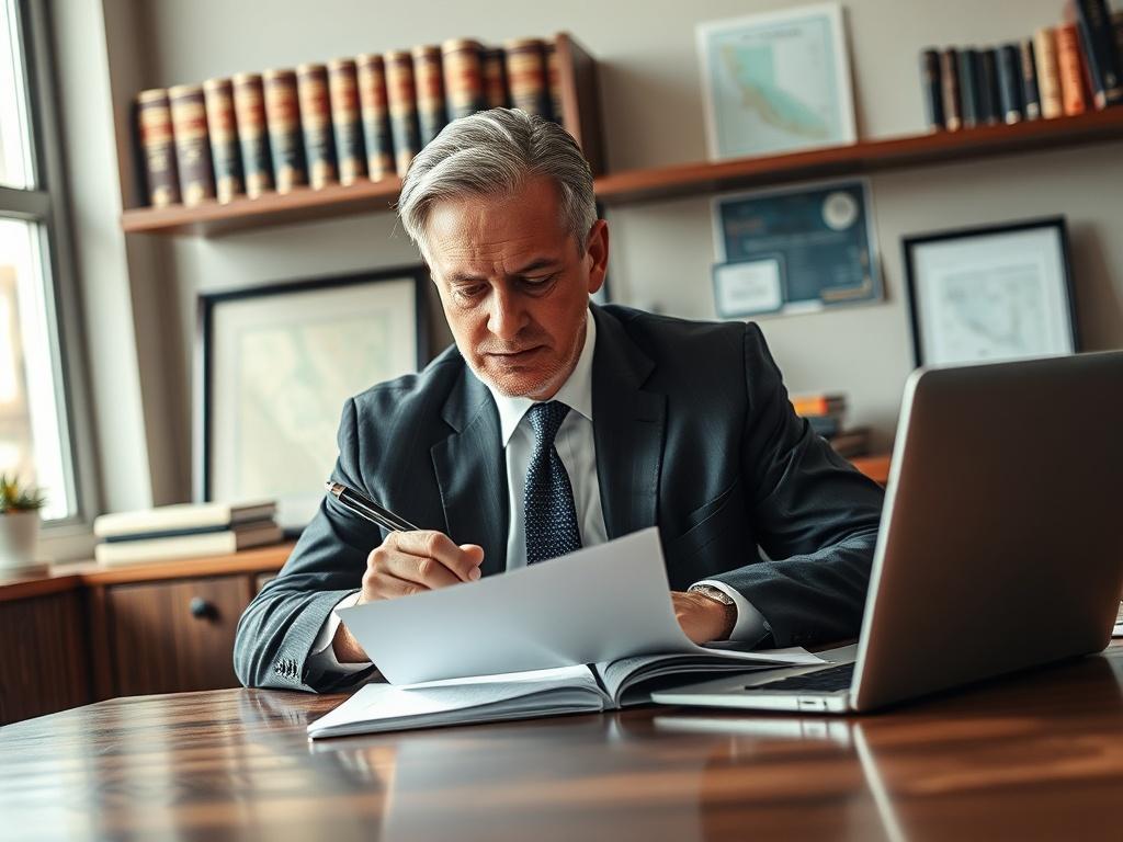 Create a realistic high-resolution image that captures the essence of the blog titled "Common Mistakes to Avoid When Appealing a Case in Nevada." The composition should feature a single, focused subject—a thoughtful, professional-looking person (middle-aged, wearing business attire) seated at a large wooden desk. This individual is reviewing legal documents, with a pen in hand, appearing deep in contemplation. 

In the background, include items that suggest an appellate law environment, such as shelves line