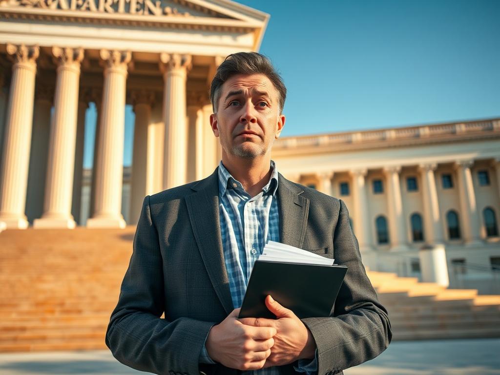 Create a realistic high-resolution photograph featuring a confused man standing outside a courthouse. The man should be the sole subject, expressing a mix of bewilderment and concern in his facial expression. He is dressed in a formal outfit, wearing a slightly rumpled suit and holding a folder with legal documents. 

In the background, include the imposing façade of a classic courthouse, with tall columns and large steps leading up to the entrance, set against a clear blue sky. The lighting should be natur
