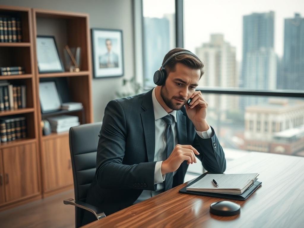Create a hyper-realistic high-resolution photo that visually represents the process a criminal lawyer undertakes when handling a case. The composition should be simple and clear, focusing on a single, professional-looking criminal lawyer in an office setting. 

**Subject Matter:** The lawyer, an individual in their 30s-40s, should be seated at a sleek, modern wooden desk, wearing a tailored suit with a confident and approachable expression. They should be engaged in a discussion on the phone, holding a note