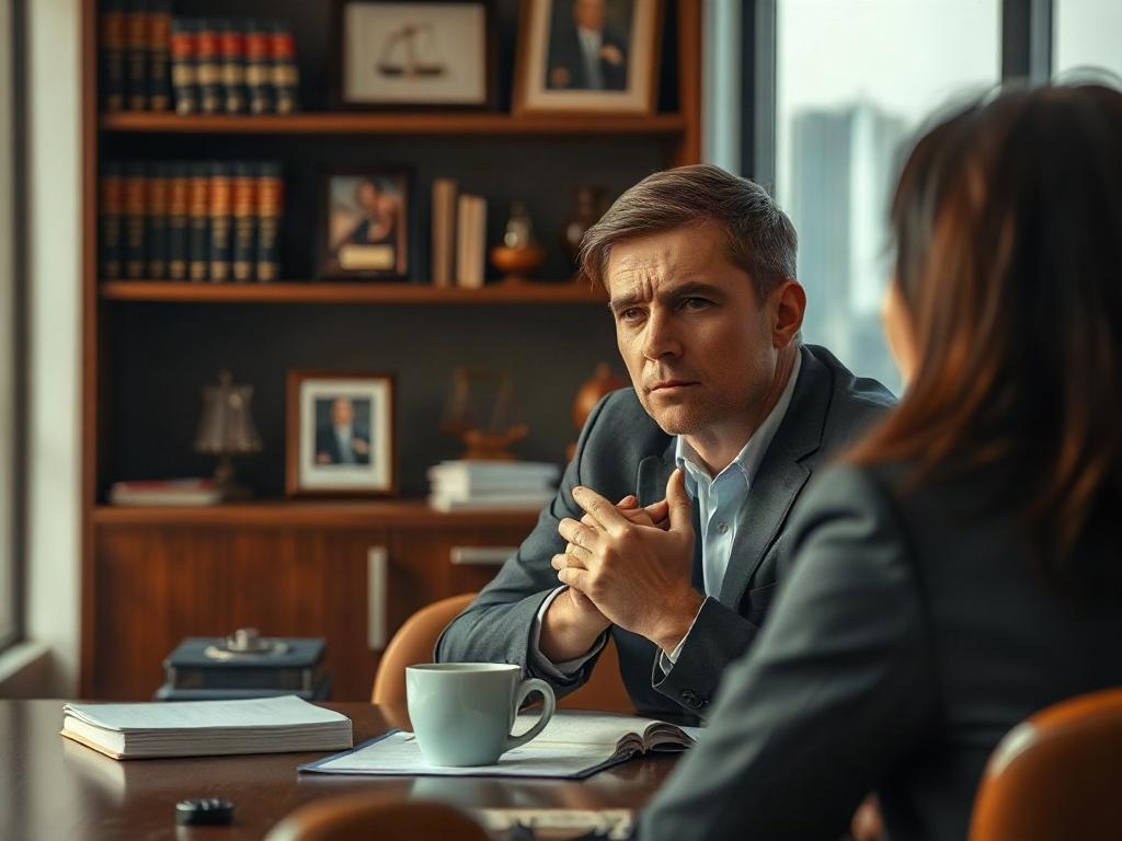 Create a highly realistic high-resolution photo featuring a solemn, concerned-looking parent sitting across from a compassionate lawyer in a softly lit office setting. The focus should be on the parent, who is in the foreground, displaying an expression of worry and vulnerability, with their hands clasped together or resting on a desk. The lawyer, positioned slightly behind, should exhibit empathy and attentiveness, leaning slightly forward to convey a supportive demeanor. 

The background should include a 