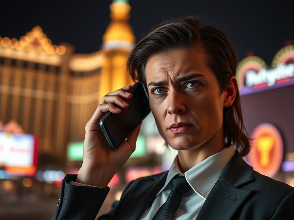 Create a hyper-realistic high-resolution photo that captures the essence of urgency and professionalism, reflecting the theme of "The First Call You Make After a Felony Arrest in Las Vegas." The composition should be simple and clear, highlighting a single subject: a concerned individual in a smart, casual outfit, representing a mix of anxiety and determination.

The subject should be in the foreground, holding a smartphone to their ear with a furrowed brow, conveying the gravity of the situation. Their exp