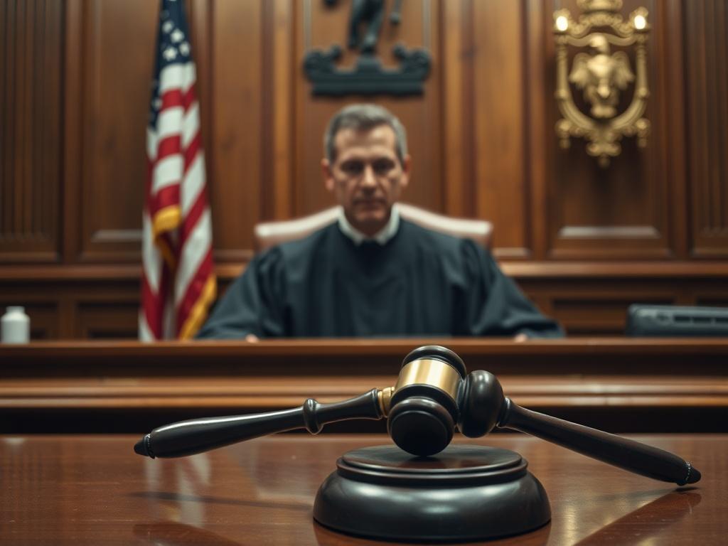 Create a realistic high-resolution photo capturing a tense and contemplative atmosphere in a courtroom. Focus on a solitary, stern-looking judge sitting behind a polished wooden bench, clad in traditional black robes. The judge’s expression should convey authority and seriousness, reflecting the weight of making critical decisions regarding Class D felony cases.

In the foreground, show the judge’s gavel prominently placed on the bench, suggesting an impending decision. The background should feature the cla