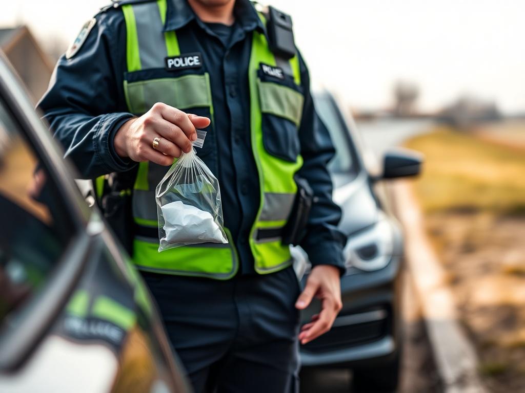 **AI Image Generation Prompt:**

Create a highly realistic, high-resolution close-up shot depicting a lone police officer standing beside a car during a traffic stop. The officer, wearing a dark blue uniform and a bright reflective vest, exhibits a focused expression as he examines the scene. He holds a small evidence bag containing a white substance, representing cocaine, which is clearly visible but not overly detailed. The car is parked on a roadside, with subtle hints of a grassy area and distant trees 