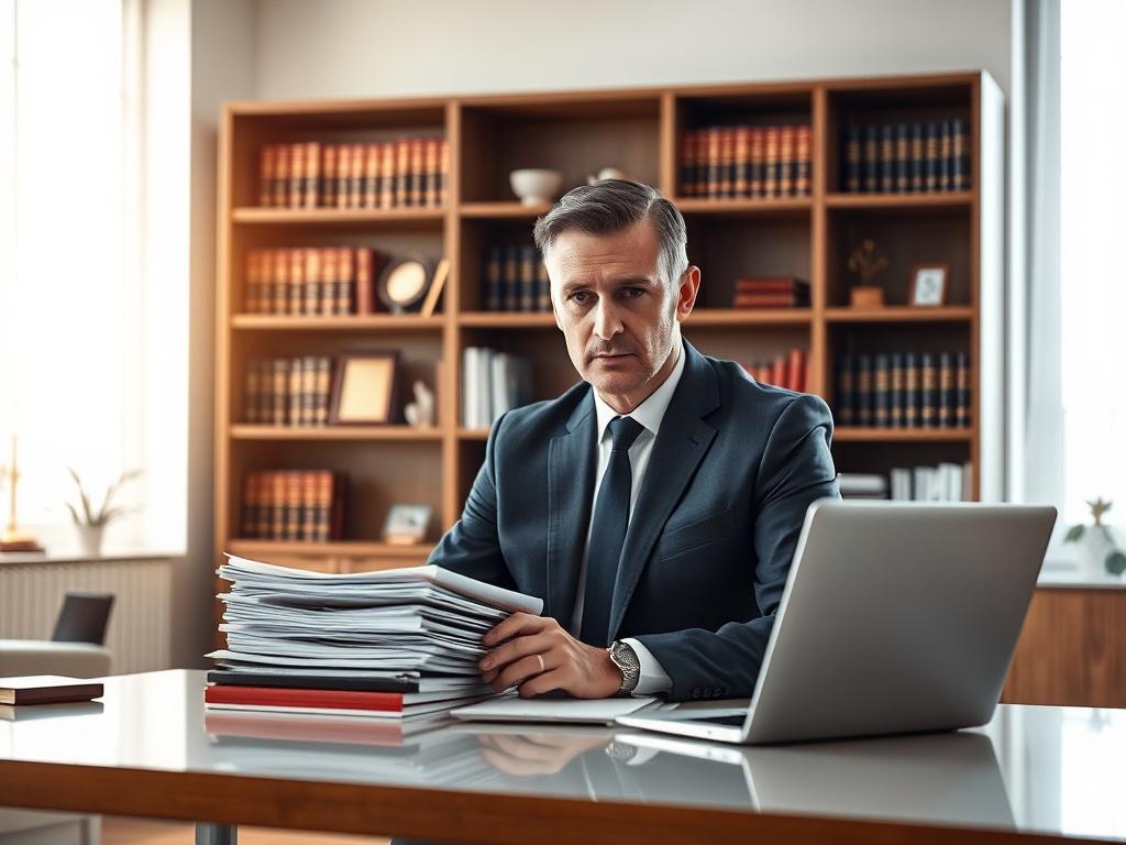 **AI Image Generation Prompt:**

Create a hyper-realistic, high-resolution close-up photo of a confident accident attorney sitting at a sleek, modern desk in a well-lit office environment. The attorney, a middle-aged Caucasian man wearing a tailored navy suit, is focused, with a serious expression, as he reviews a stack of accident case files and a laptop open beside him displaying client information. The background should feature bookshelves filled with legal books and awards framing the scene, reflecting 