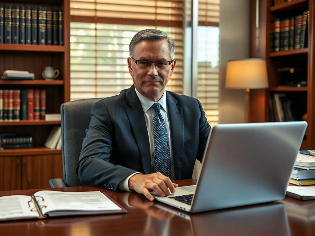 Create a realistic high-resolution photo depicting a professional criminal defense attorney in their office. The subject should be a middle-aged male or female attorney, dressed in a tailored suit, sitting at a polished wooden desk. They should have a serious and focused expression as they review case files with a laptop open in front of them, displaying a legal document. The background should feature bookshelves filled with legal texts and law books to emphasize the attorney's expertise. The office should 