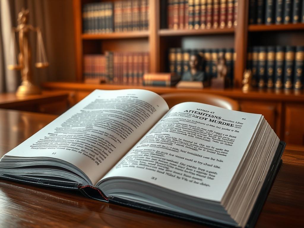 **AI Image Generation Prompt:**

Create a realistic high-resolution image that embodies the serious subject matter of a legal blog titled "What Counts as Attempted Murder in Nevada?". The image should feature a single subject: a solemn law book, opened to a page showing detailed legal terminology. This book should be placed on a polished oak desk, symbolizing the foundation of justice and legal study. 

In the background, softly blurred but discernible, include a neatly organized law office with bookshelves