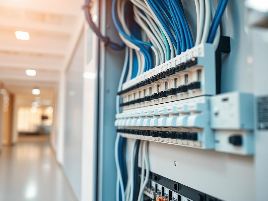 A close-up shot of a modern electrical distribution panel, showcasing neat wiring and high-quality components. The panel should be prominently displayed in the center of the frame, with a soft-focus background of a contemporary building interior. The lighting should be bright and professional, emphasizing the details of the panel. The overall color tone should align with a clean, minimalist aesthetic, incorporating blue, white, and grey tones.