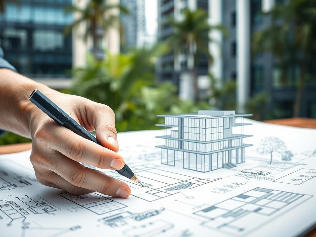A hyper-realistic close-up shot of an architect's hand sketching a modern, eco-friendly building design on a blueprint. The background features a blend of greenery and urban architecture, symbolizing the harmony between nature and modern design. The lighting is soft, emphasizing the details of the sketch, with the primary color theme incorporating shades of blue, white, and grey.