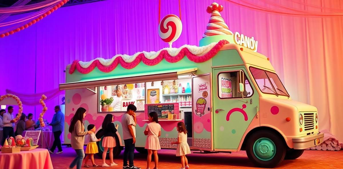 Colorful Candy Wonderland mobile truck at festive event with families enjoying candy experience