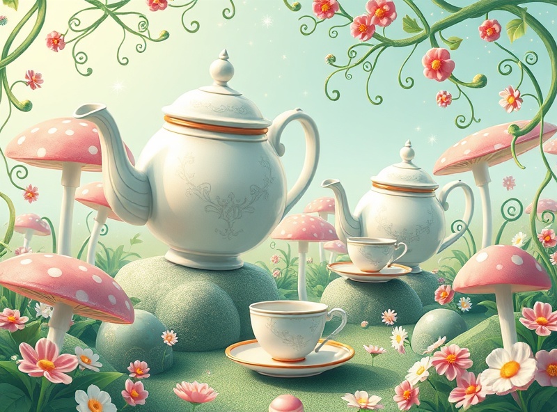Enchanted Candy Wonderland tea garden with teapots and magical elements
