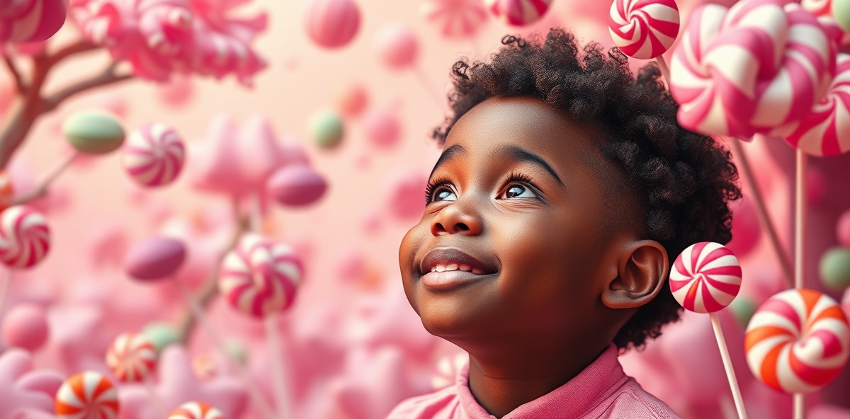 Little brown boy dreaming of a magical candy wonderland with floating candy, lollipops, and fantasy landscape