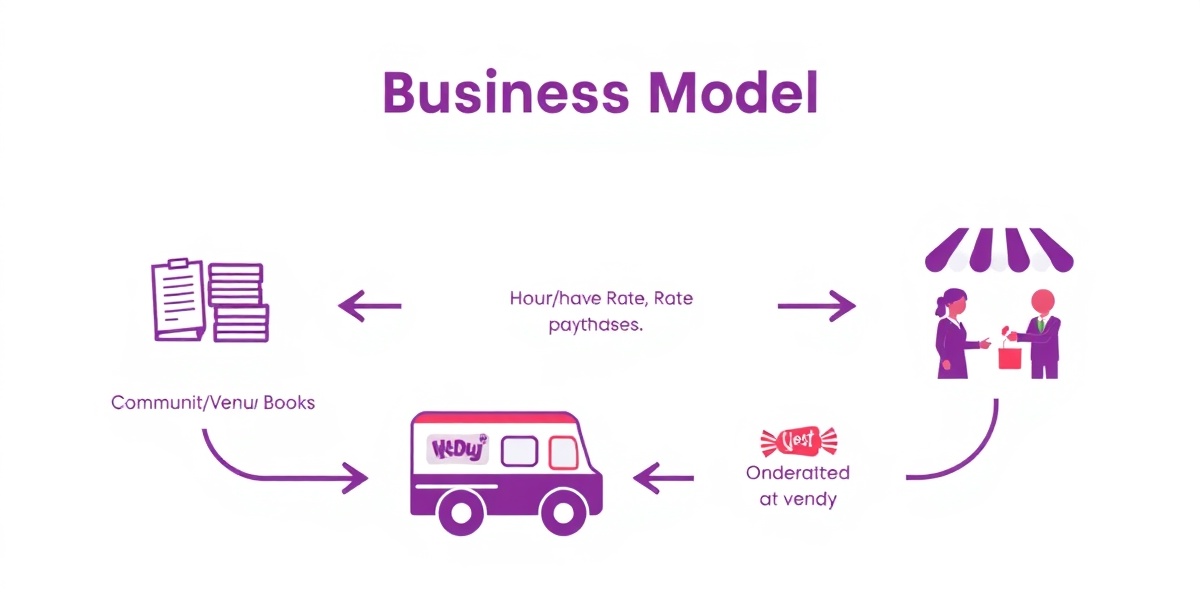 Revenue flow diagram showing venue booking, hourly payment, truck operation, and guest candy purchases