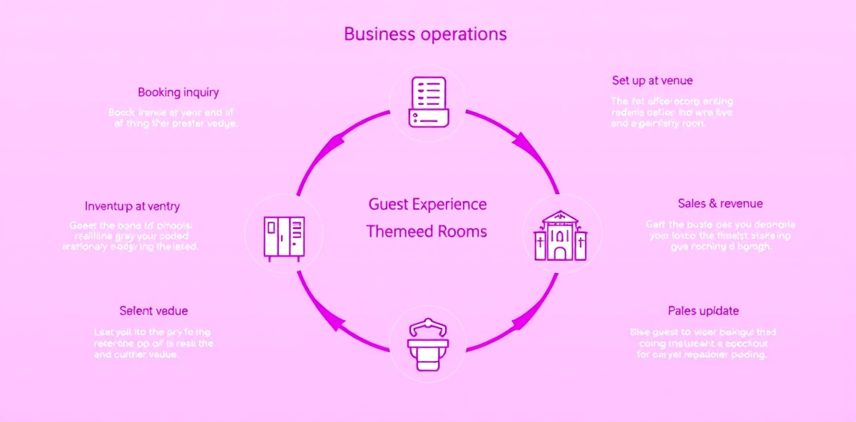 Operations cycle showing booking inquiry, inventory planning, venue setup, guest experience, sales, and post-event inventory update