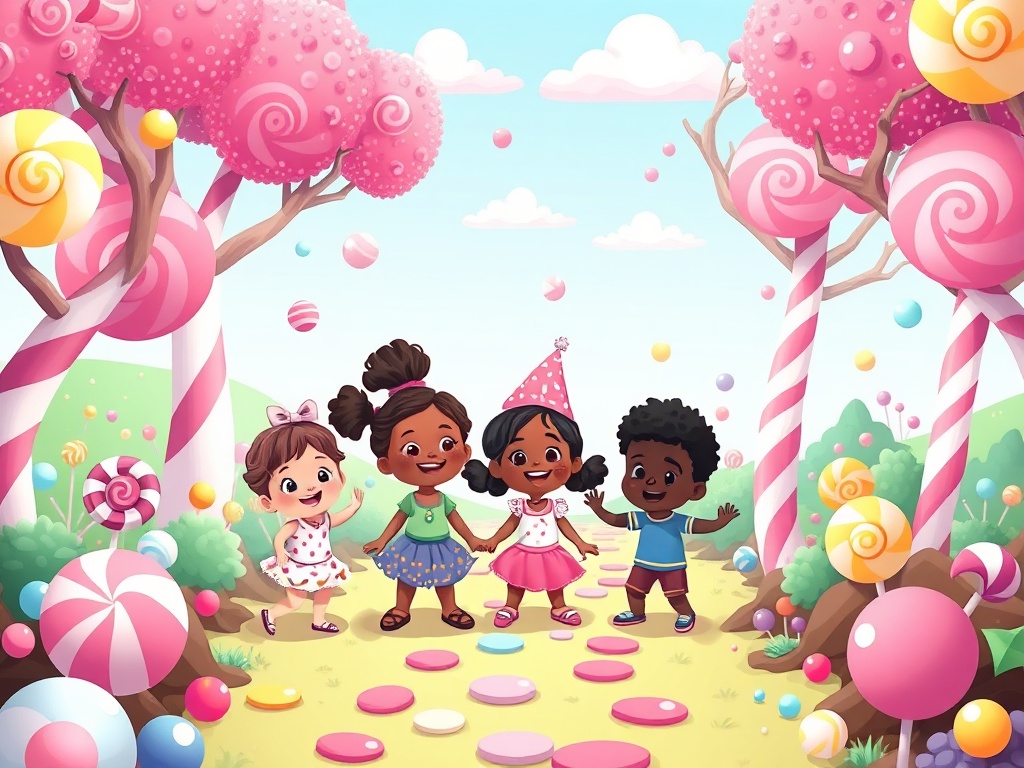 Brown baby girls, young brown girl, and young teen black boy playing in Candyland forest