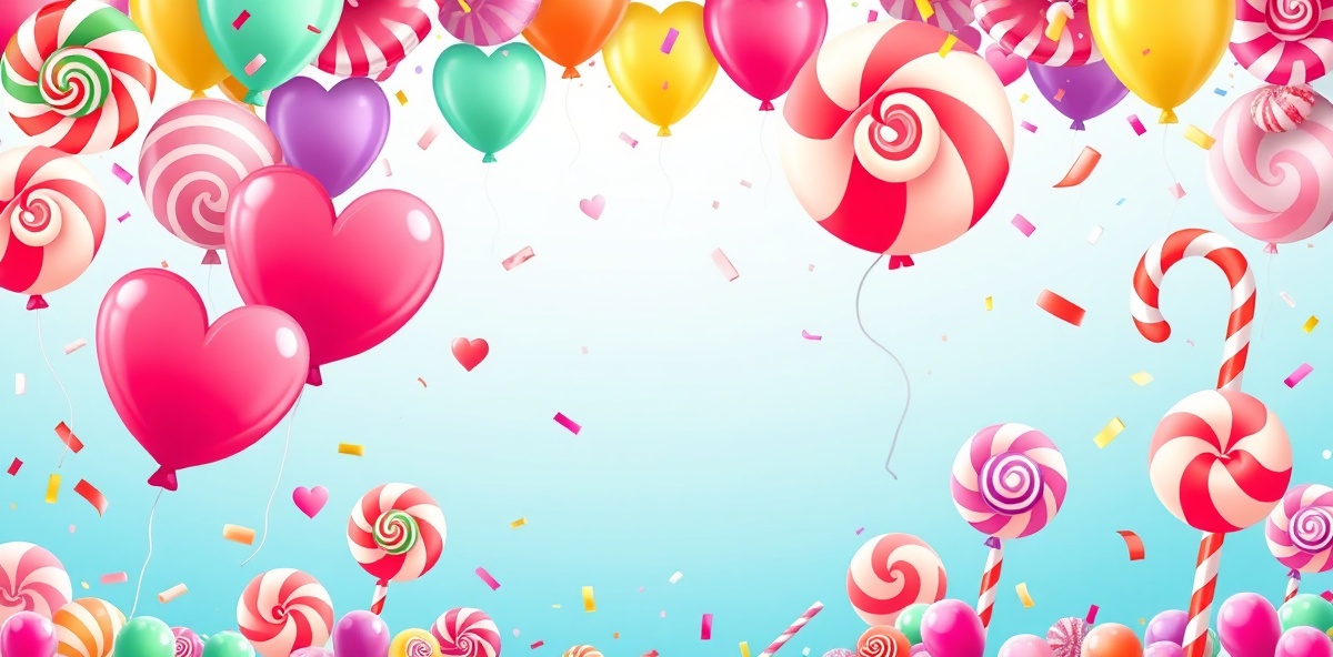 Festive candy land celebration with candy balloons, candy swirls, candy hearts, and gumdrops