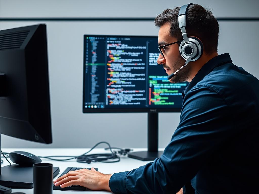 A realistic high-resolution photo of a cybersecurity engineer at work. The scene shows a focused professional analyzing data on a dual-monitor setup filled with code and security analytics. The engineer is wearing a headset and is deeply engaged in their task, with a modern, minimalistic office background featuring clean lines and neutral colors. The lighting is soft, highlighting the engineer's concentration and the screens' glow.