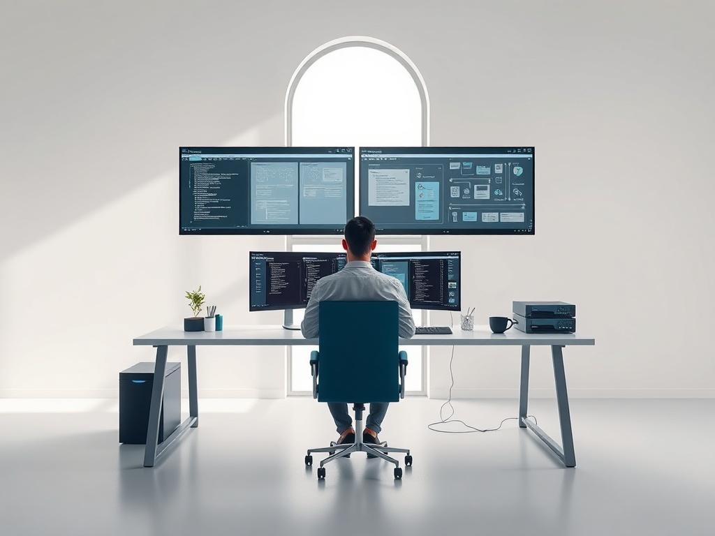 A clean, modern office environment featuring a single lead system architect focused on designing a database management system. The architect is sitting at a sleek, minimalist desk with dual monitors displaying complex database diagrams and system architecture designs. Soft natural light streams through a large window, highlighting the clean lines and organized workspace. The background is unobtrusive, emphasizing the architect's concentration on the task at hand. The color palette is soft and neutral, with 