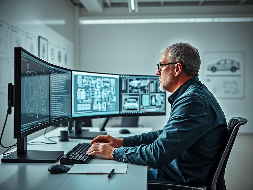 A realistic high-resolution photo of a lead system architect working diligently at a modern workstation. The focus is on the architect, a middle-aged professional, engrossed in analyzing complex automotive systems on multiple screens. The background features a clean, minimalistic office environment with subtle hints of automotive engineering, such as circuit diagrams and vehicle blueprints on the walls. The lighting is bright and natural, creating an atmosphere of innovation and focus.