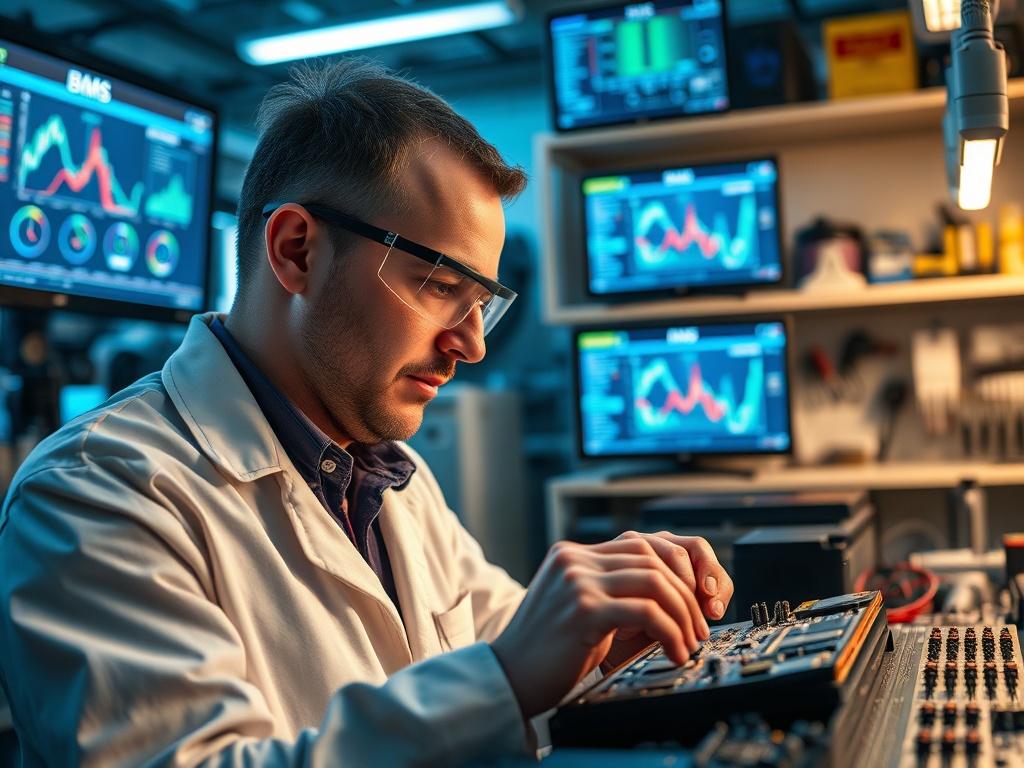 A highly detailed prompt for an AI image generator to create a realistic high-resolution photo depicting an engineer working on a Battery Management System (BMS). The composition features a focused engineer in a modern, well-lit lab environment, surrounded by technical equipment and screens displaying BMS data and diagrams. The engineer is examining a circuit board with attention to detail, wearing safety goggles and a lab coat. The background includes shelves with tools and components, conveying a sense of