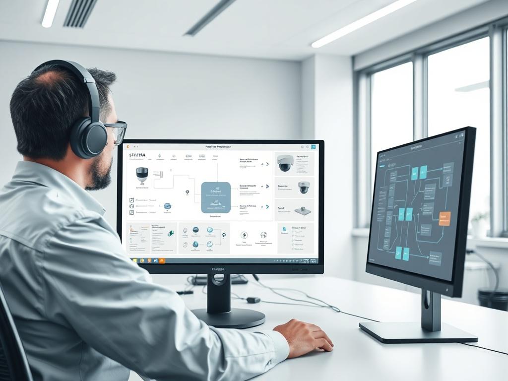 A high-resolution photo depicting a safety engineer working on a camera monitoring system. The engineer is focused on a computer screen displaying system architecture diagrams and safety protocols. The background is a modern office setting with clean lines and minimalistic design. The color scheme is simple with a focus on essential elements, emphasizing a professional and technical atmosphere.