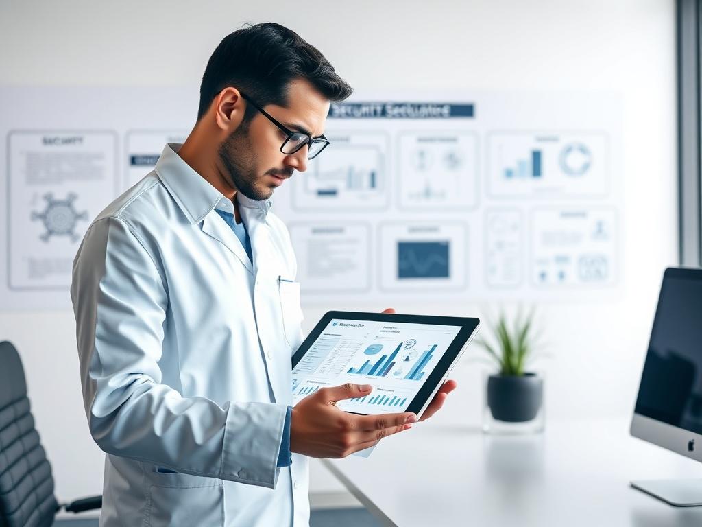 A cybersecurity expert analyzing E/E architecture designs on a digital tablet in a modern office. The background includes security graphics and diagrams, emphasizing ISO/SAE 21434 compliance. The image features clean lines and a deep blue accent.