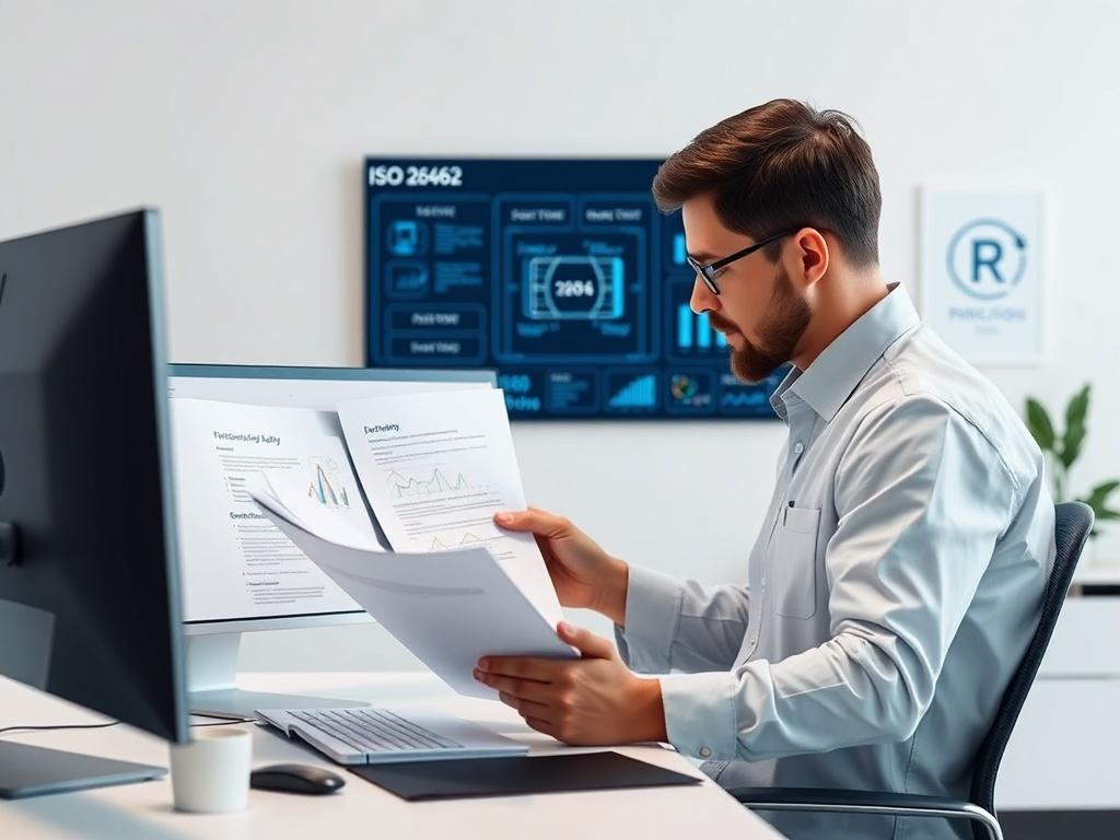 A clean, modern workspace featuring a system engineer reviewing safety documentation with a focus on ISO 26262 compliance. The background shows digital diagrams related to functional safety concepts. The color scheme uses minimalistic elements with a touch of deep blue.