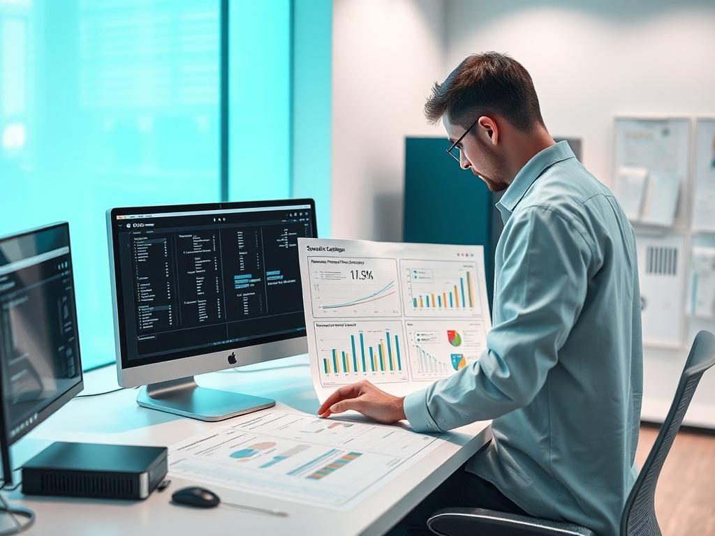 An engineer working on system-level design charts with a focus on domain controller architecture. The setting is a sleek, modern workspace with digital modeling tools visible. The overall aesthetic is minimalistic with a hint of teal.
