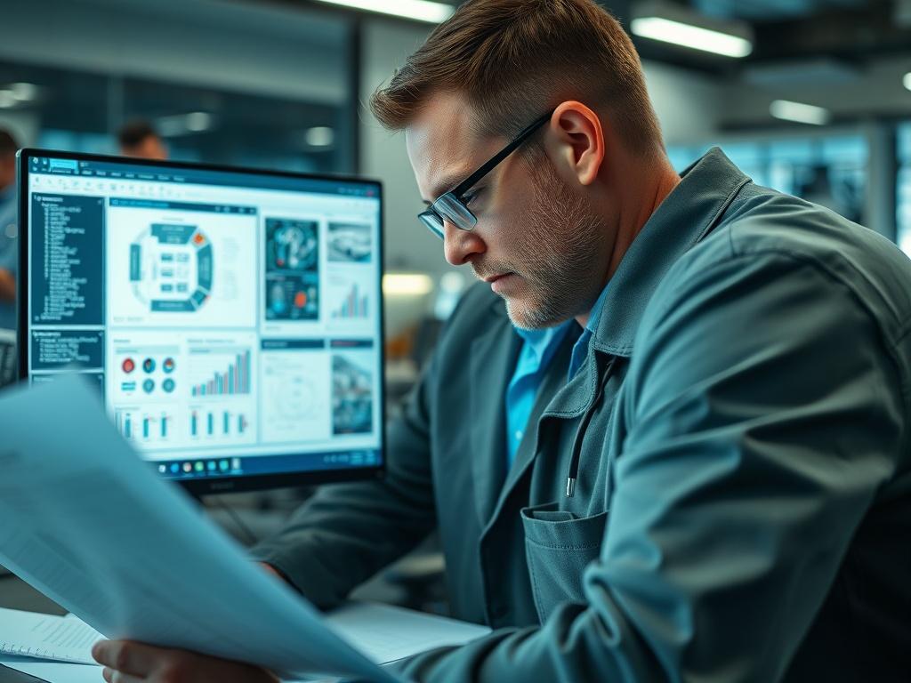 Capture a close-up shot of a functional safety engineer at work. The engineer is focused on analyzing safety protocols for automotive systems, surrounded by technical documents and a computer displaying system architecture diagrams. The background should be a modern office environment with subtle engineering-themed decor. The image should evoke precision and expertise, with a color scheme that includes rgb(0, 117, 98) as the primary color.