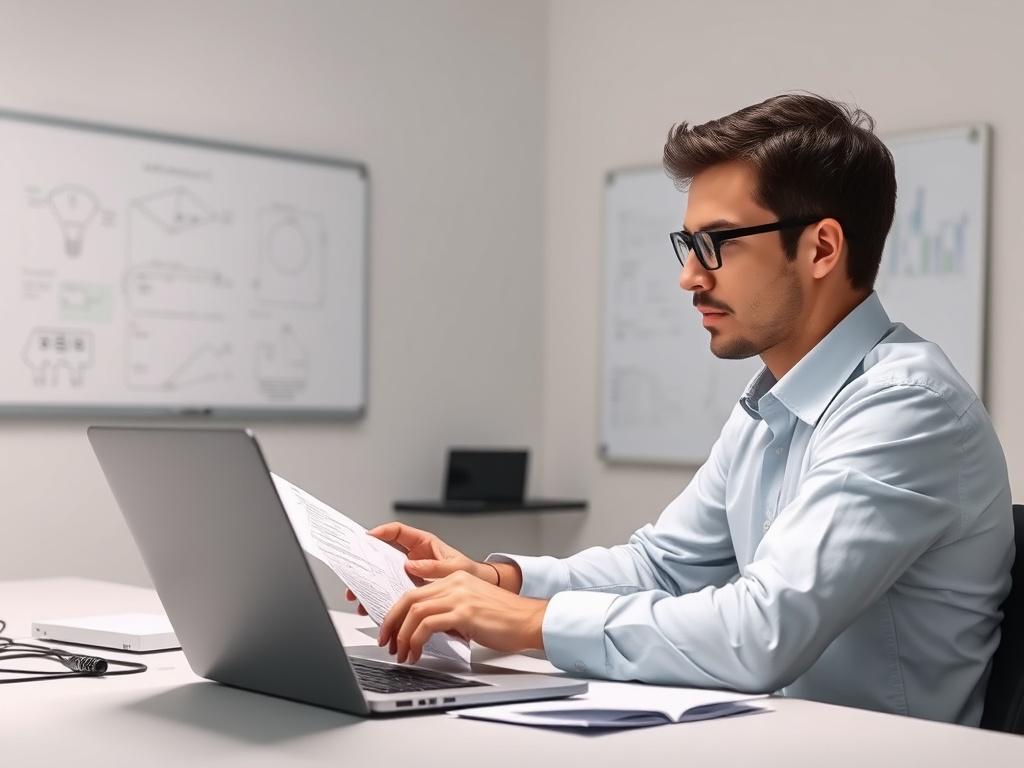 A realistic high-resolution photo depicting a Requirement Engineer working on the Tournn LiDAR sensor project. The engineer, a focused individual in a modern office setting, is analyzing requirements documents on a laptop. The background features a clean workspace with engineering diagrams and a whiteboard filled with technical notes. The color scheme is minimalistic with clean lines and simple colors, emphasizing the essential elements of the engineering process.