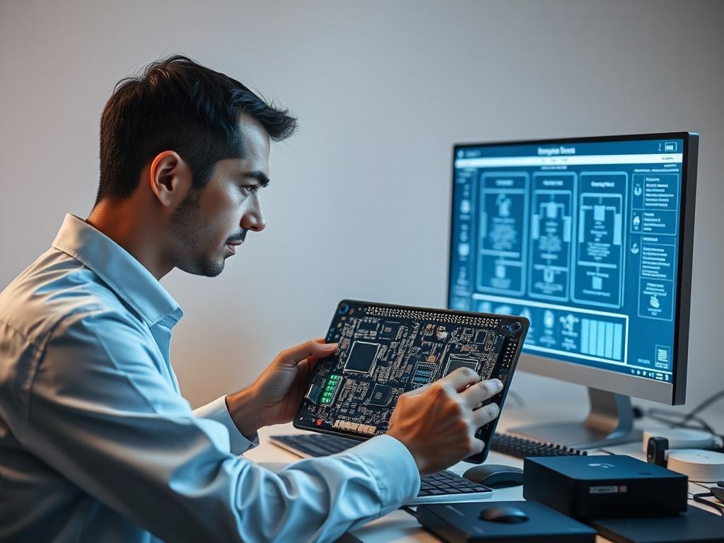 A high-resolution image depicting a professional environment where a person is working on a radio telematics control ECU. The subject is focused, examining a complex circuit board with a cybersecurity function overlay. The background is minimalistic, featuring clean lines and simple colors that emphasize the technical aspect of the work. The workspace includes engineering tools and a computer screen displaying system architecture diagrams. The lighting is soft, highlighting the subject and the ECU while mai