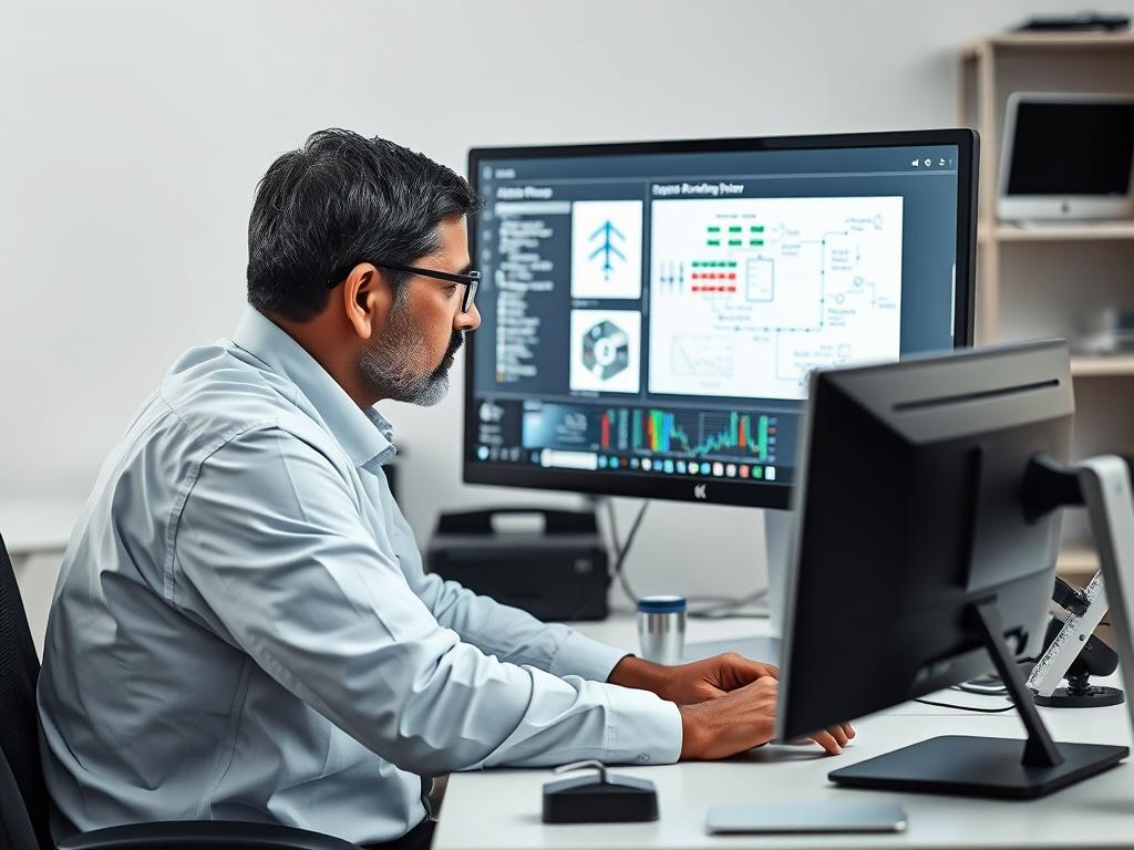 A realistic high-resolution photo depicting a professional automotive systems engineer at work. The engineer, a middle-aged South Asian male, is focused on a computer screen displaying system architecture diagrams. The background is minimalistic, featuring a clean office environment with engineering tools subtly placed. The composition should highlight the engineer's concentration and the technical elements on the screen, using a soft color palette that complements the #5CDB95 primary color.