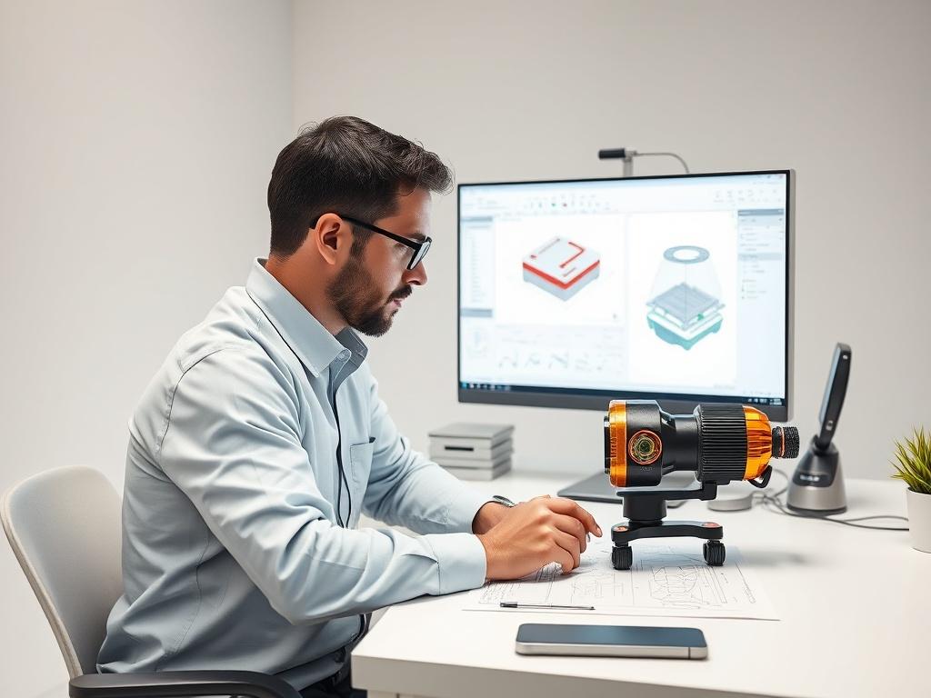 A realistic high-resolution photo of a Long Range LiDAR sensor being designed by a requirement engineer. The scene features a focused engineer working at a clean, modern workstation filled with technical drawings and a computer displaying CAD software. The background is minimalistic with soft lighting, emphasizing the engineer and the detailed design elements of the LiDAR sensor. The color palette is simple with light colors and the primary color of rgb(0, 117, 98) subtly integrated into the design elements